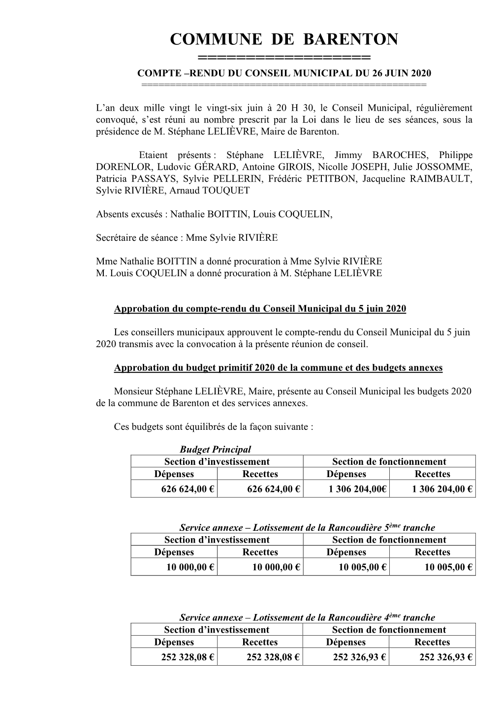 Compte –Rendu Du Conseil Municipal Du 26 Juin 2020 ======