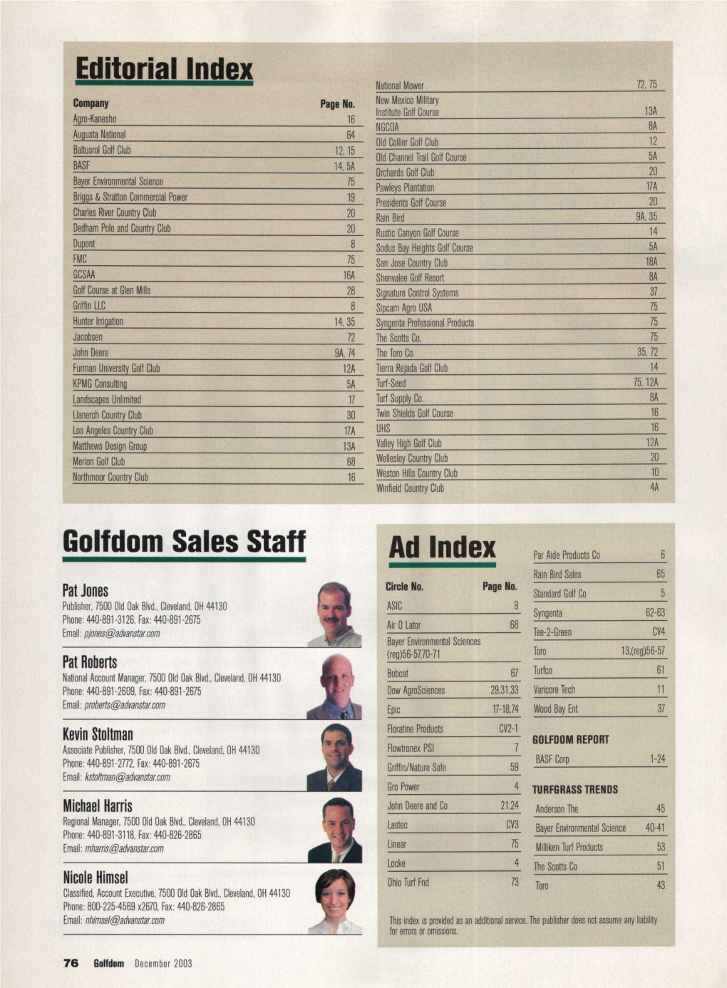 Editorial Index Golfdom Sales Staff Ad Index