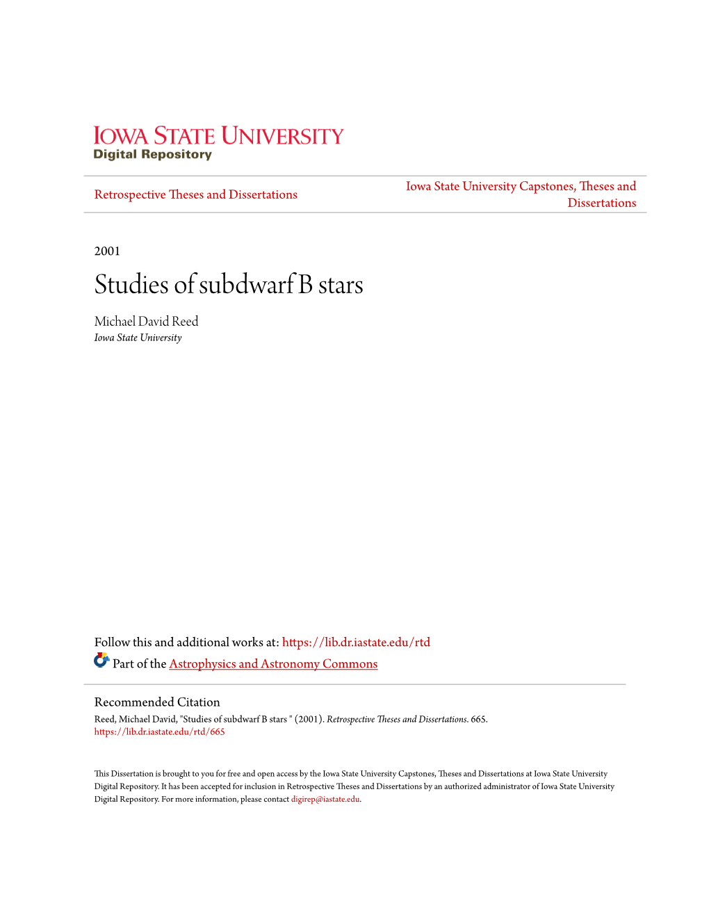 Studies of Subdwarf B Stars Michael David Reed Iowa State University