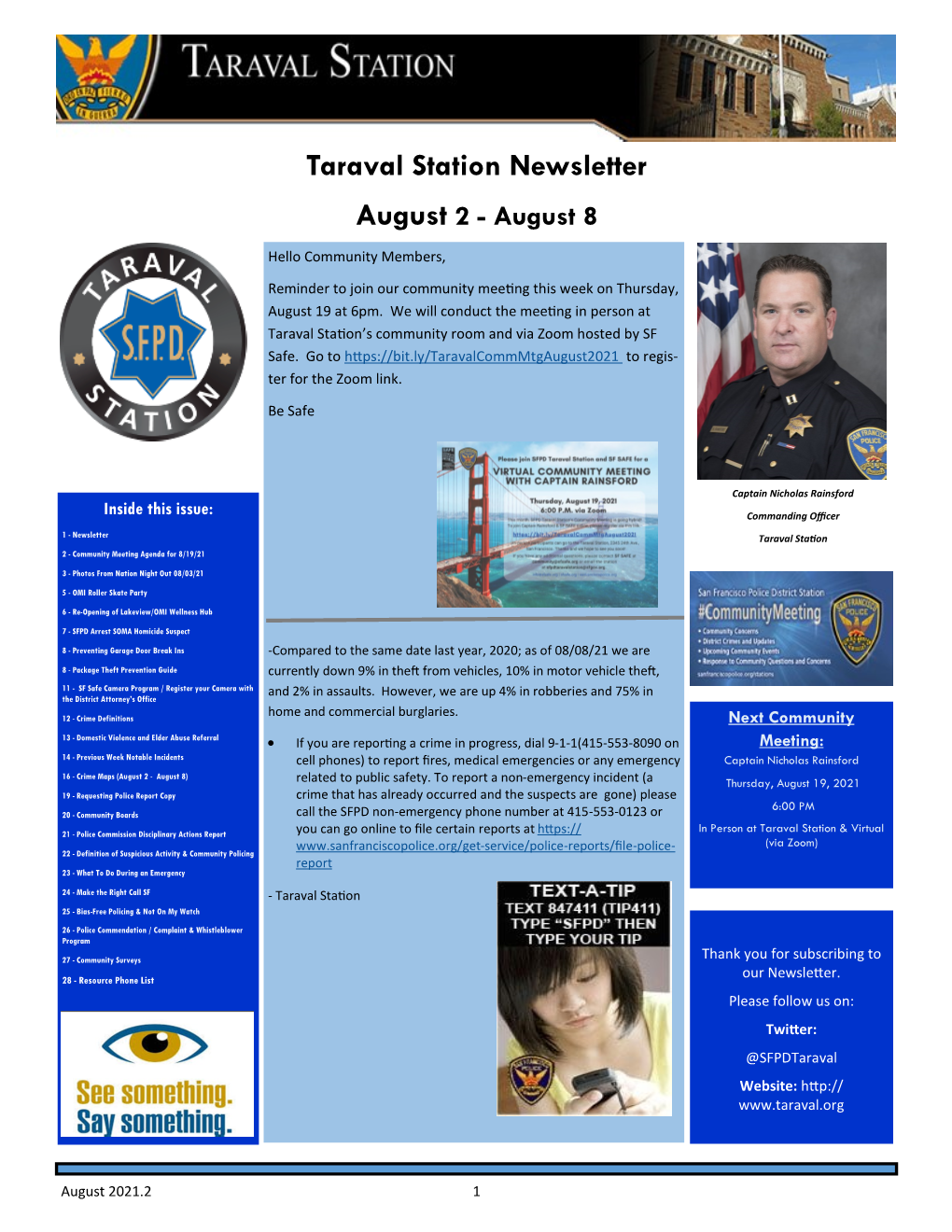 Taraval Station Newsletter August 2 - August 8