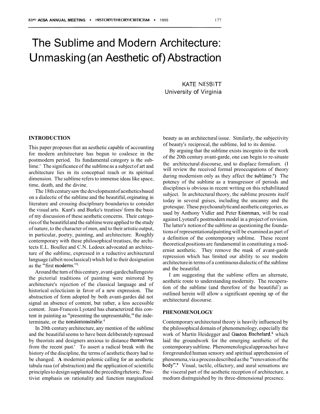 The Sublime and Modern Architecture: U Nmasking (An Aesthetic Of) Abstraction