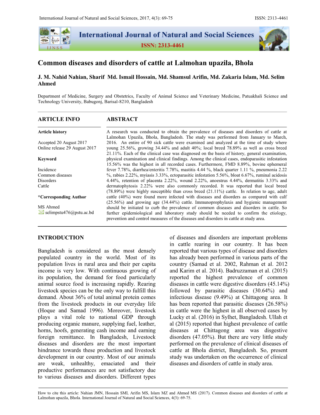 Common Diseases and Disorders of Cattle at Lalmohan Upazila, Bhola