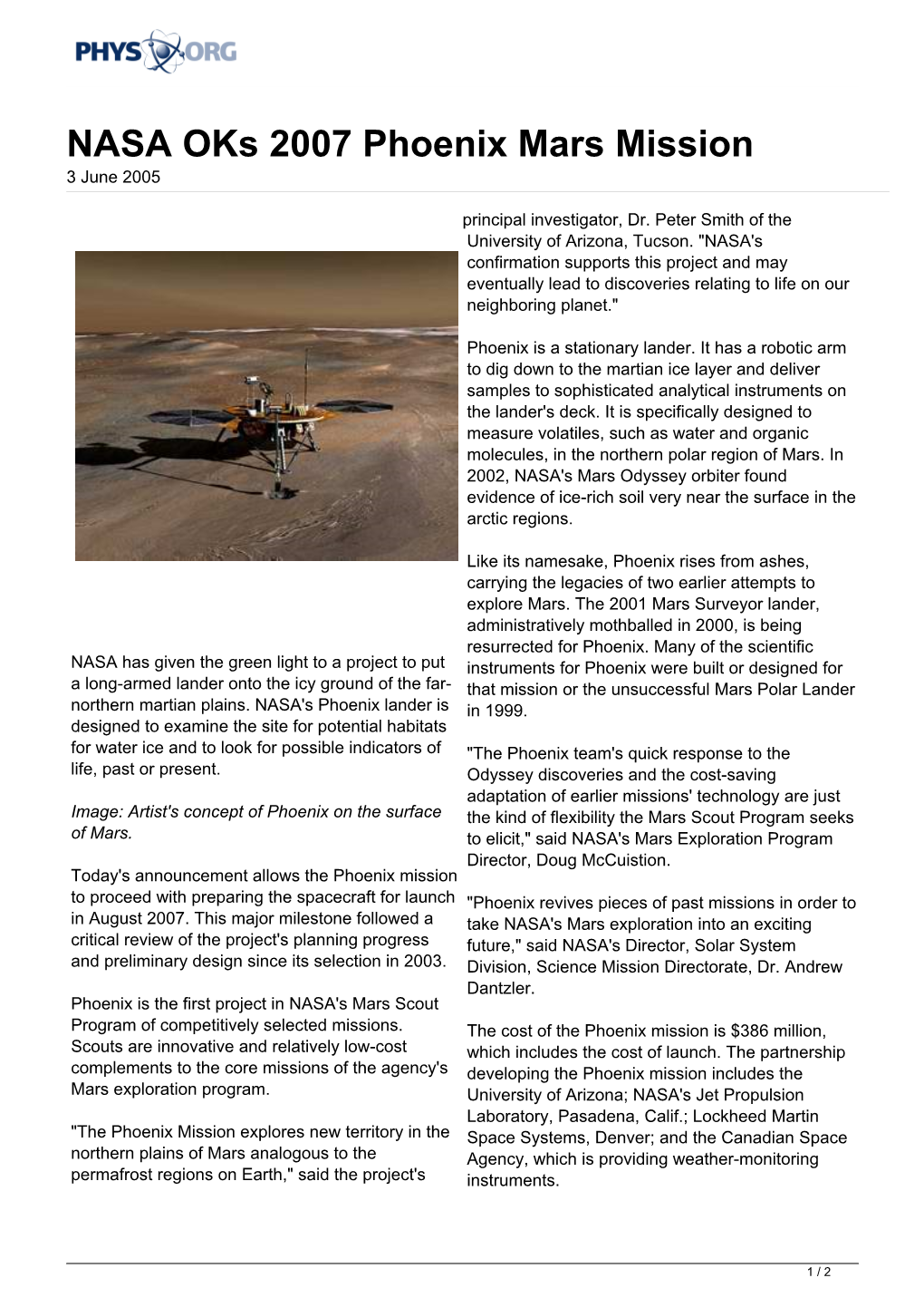 NASA Oks 2007 Phoenix Mars Mission 3 June 2005