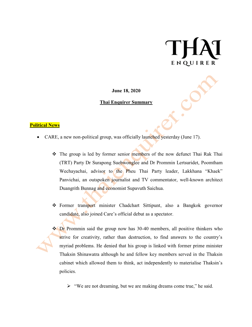June 18, 2020 Thai Enquirer Summary Political News • CARE, A