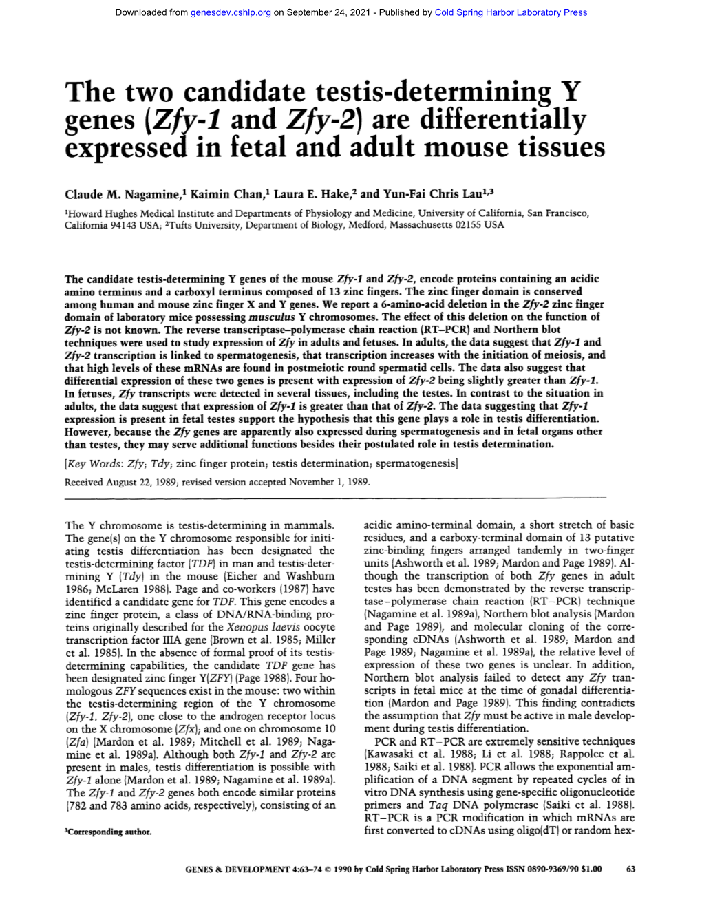 Zfy-1 and Zfy-2)Are Differentially Expressed in Fetal and Adult Mouse Tissues