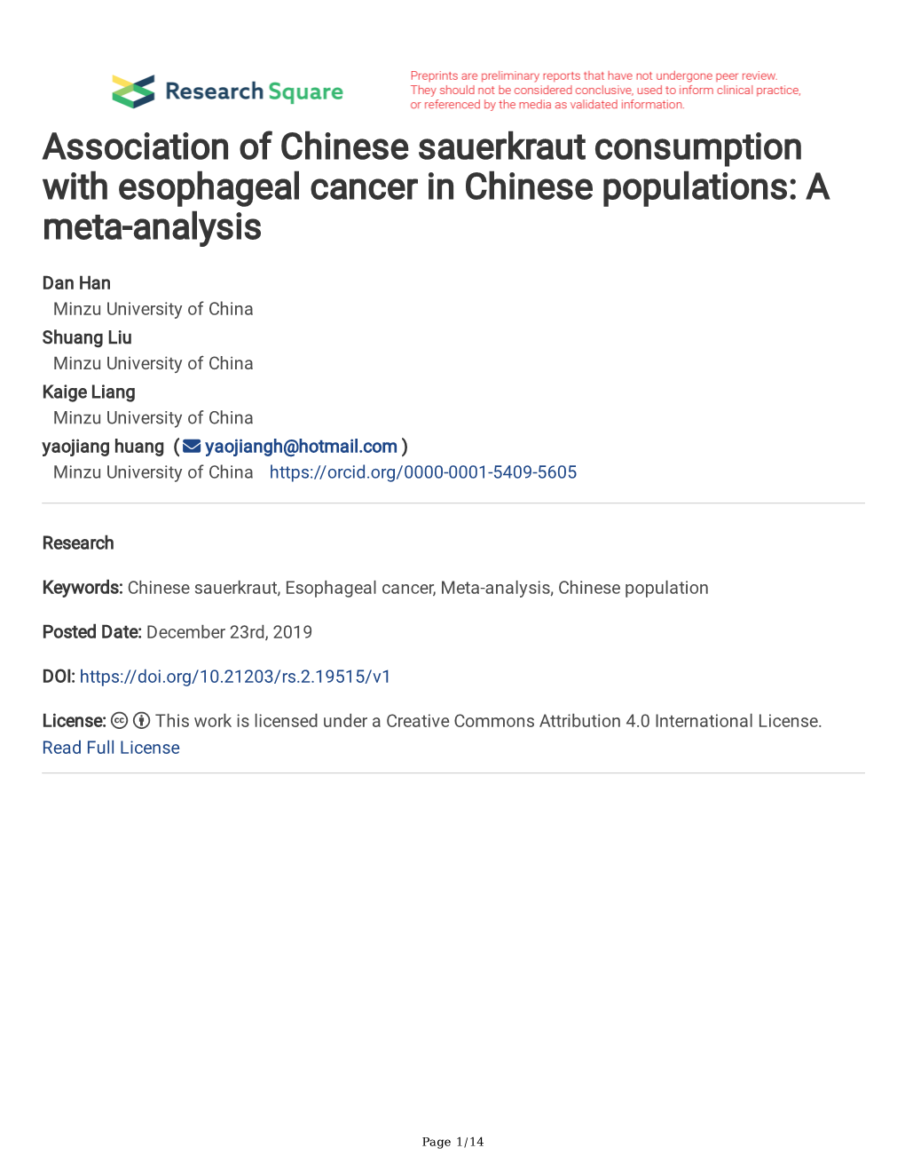 Association of Chinese Sauerkraut Consumption with Esophageal Cancer in Chinese Populations: a Meta-Analysis