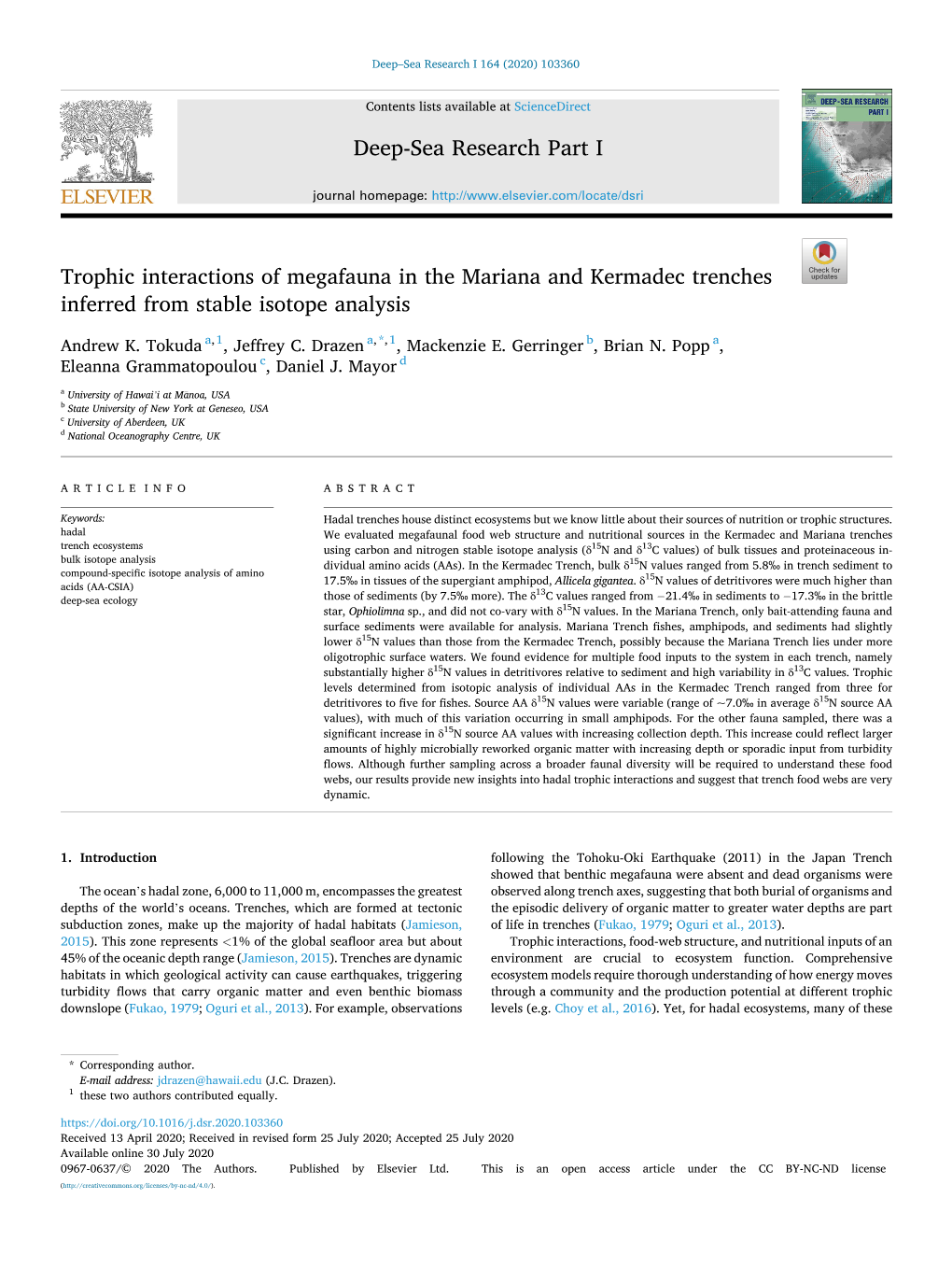 Trophic Interactions of Megafauna in the Mariana and Kermadec Trenches Inferred from Stable Isotope Analysis