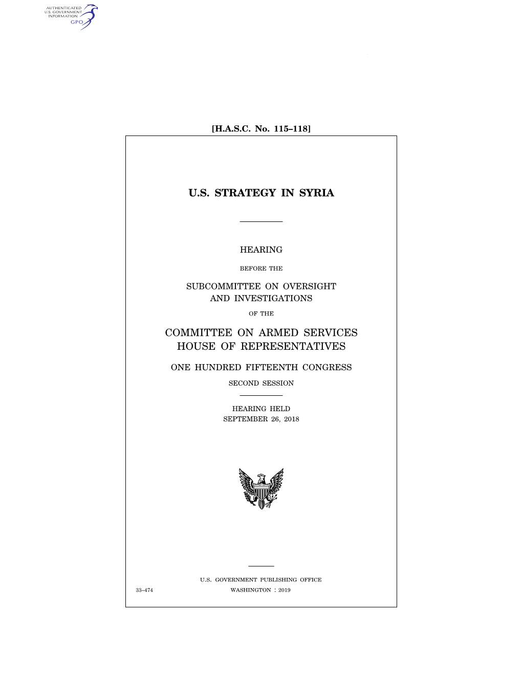 U.S. Strategy in Syria Committee on Armed Services House of Representatives