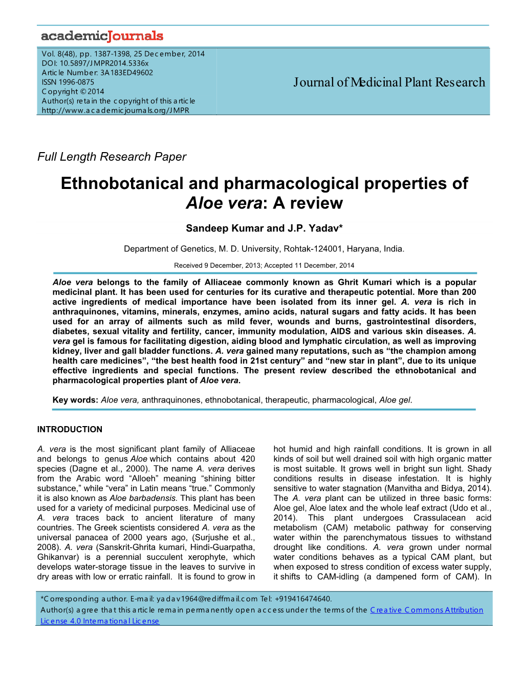 Ethnobotanical and Pharmacological Properties of Aloe Vera: a Review