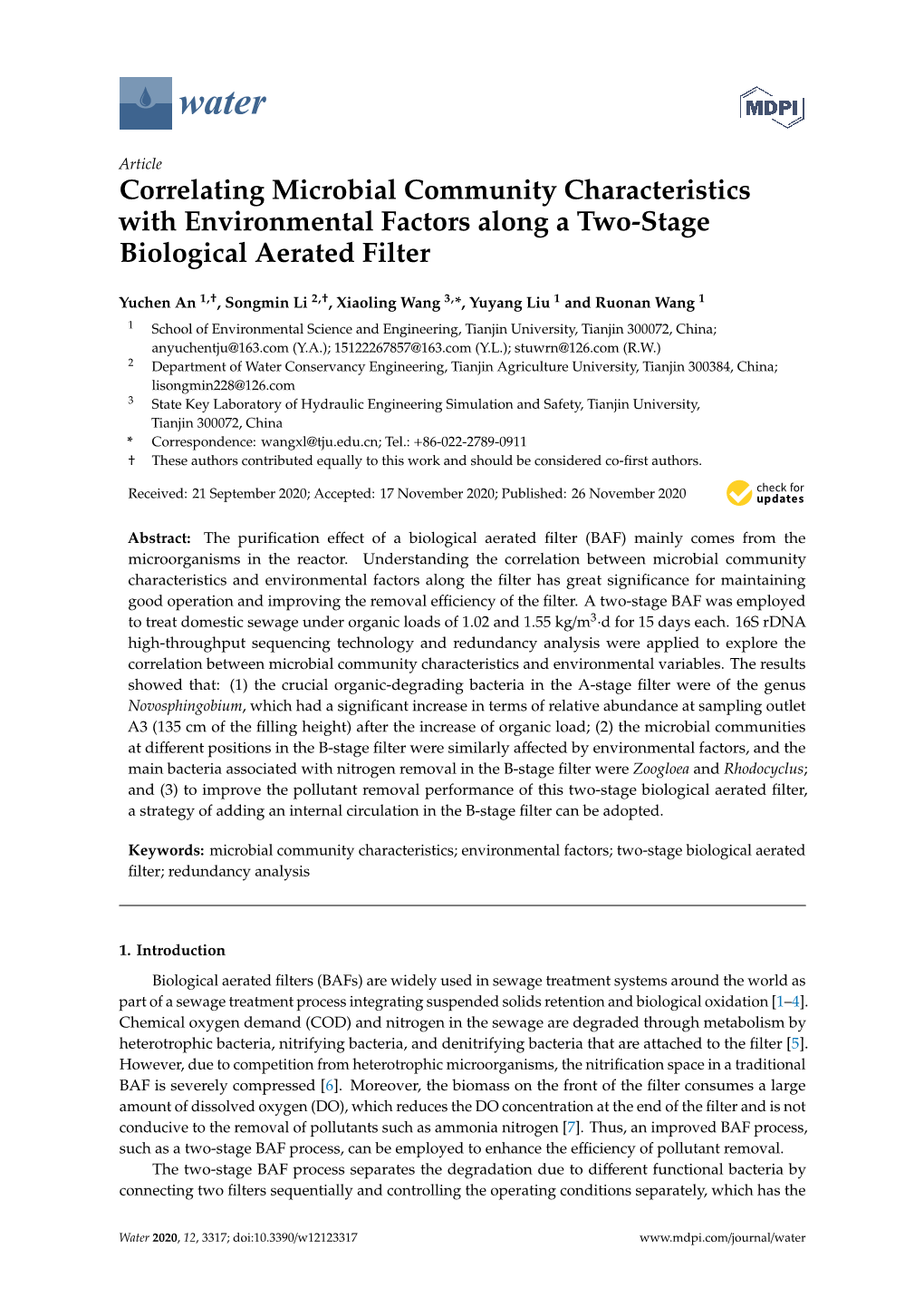 Correlating Microbial Community Characteristics with Environmental Factors Along a Two-Stage Biological Aerated Filter