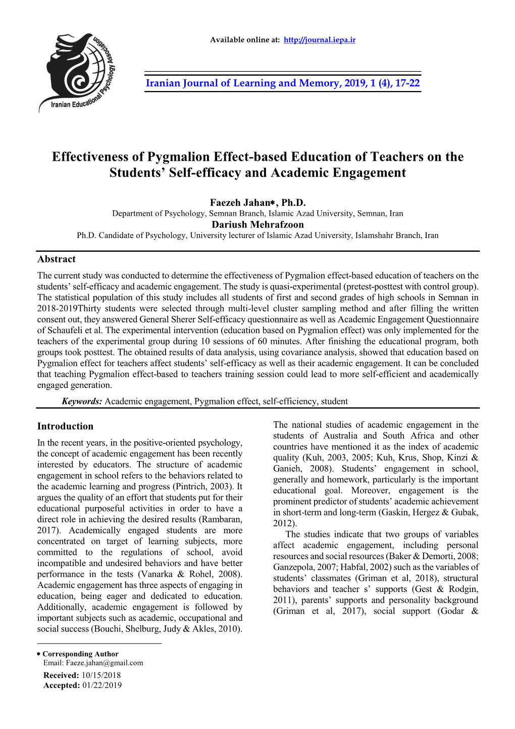 Effectiveness of Pygmalion Effect-Based Education of Teachers on the Students’ Self-Efficacy and Academic Engagement