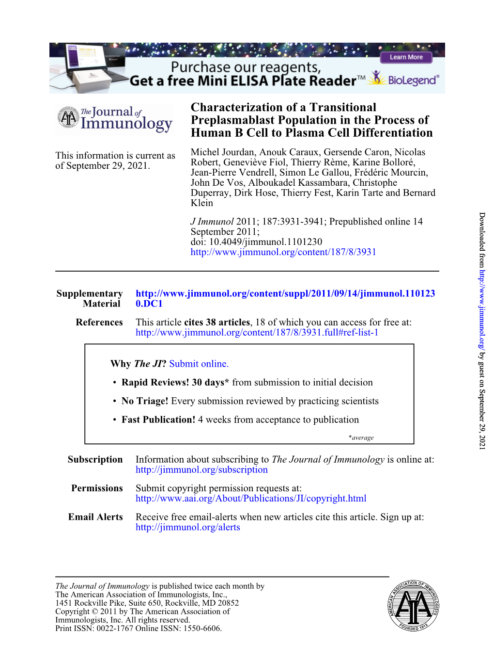 Human B Cell to Plasma Cell Differentiation Preplasmablast