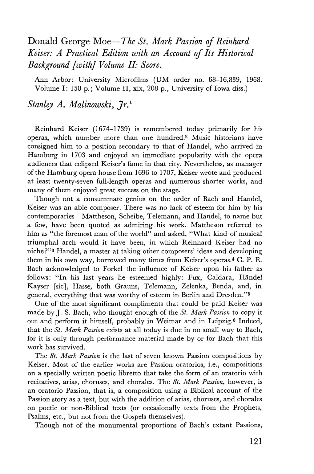 Donald George Moe-The St. Mark Passion of Reinhard Keiser: a Practical Edition with an Account of Its Historical Background [With] Volume II· Score