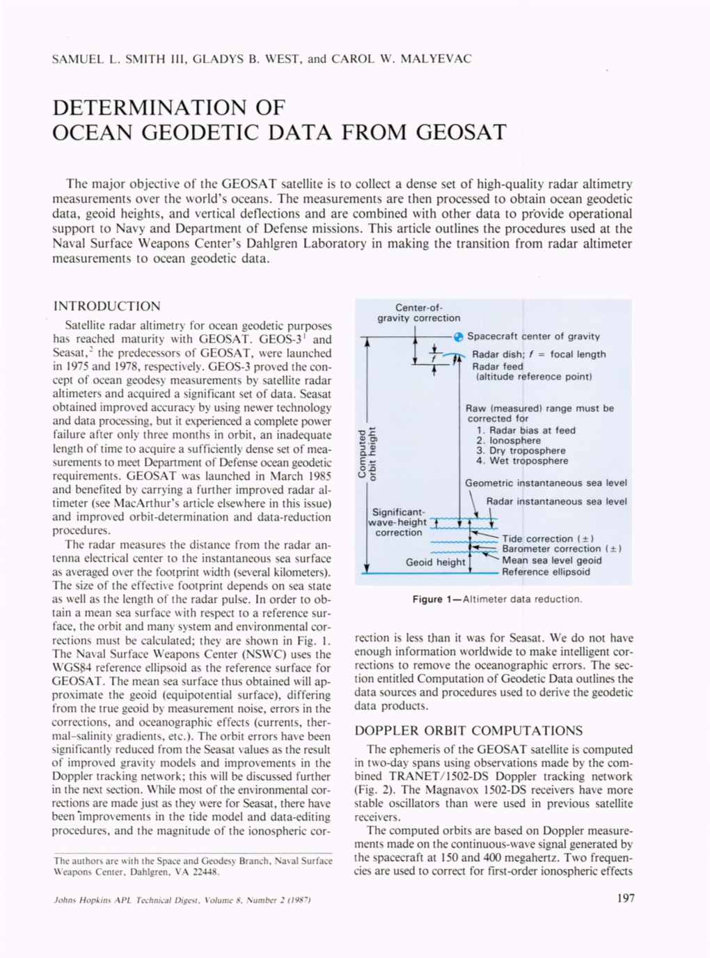 Determination of Ocean Geodetic Data from Geosat