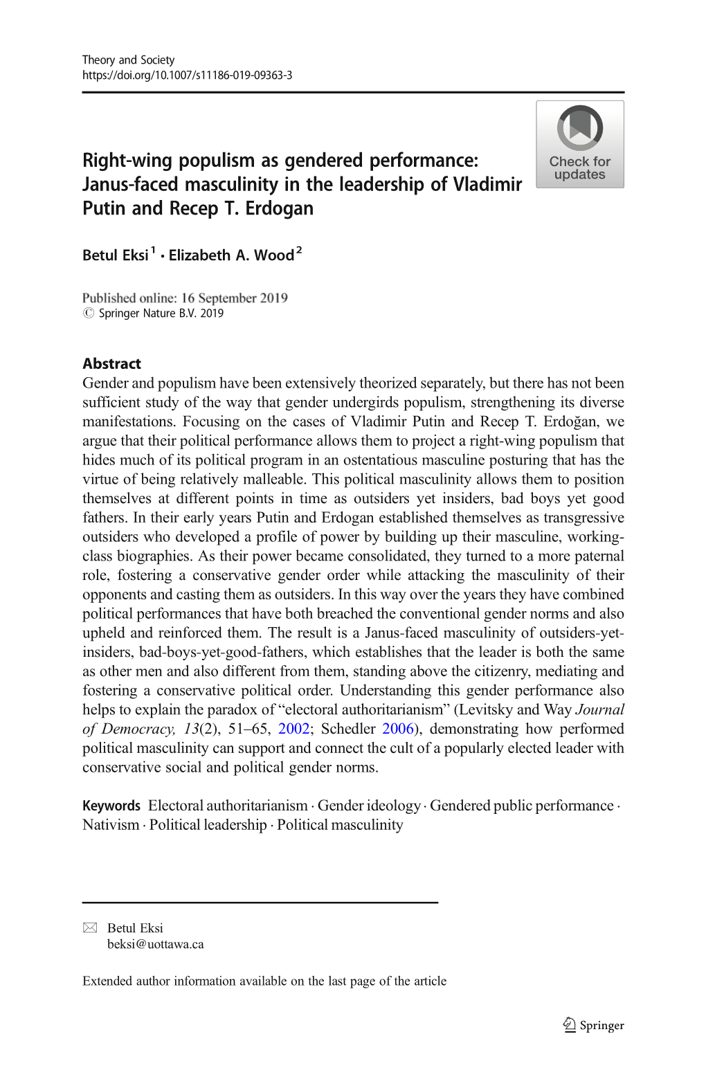 Right-Wing Populism As Gendered Performance: Janus-Faced Masculinity in the Leadership of Vladimir Putin and Recep T