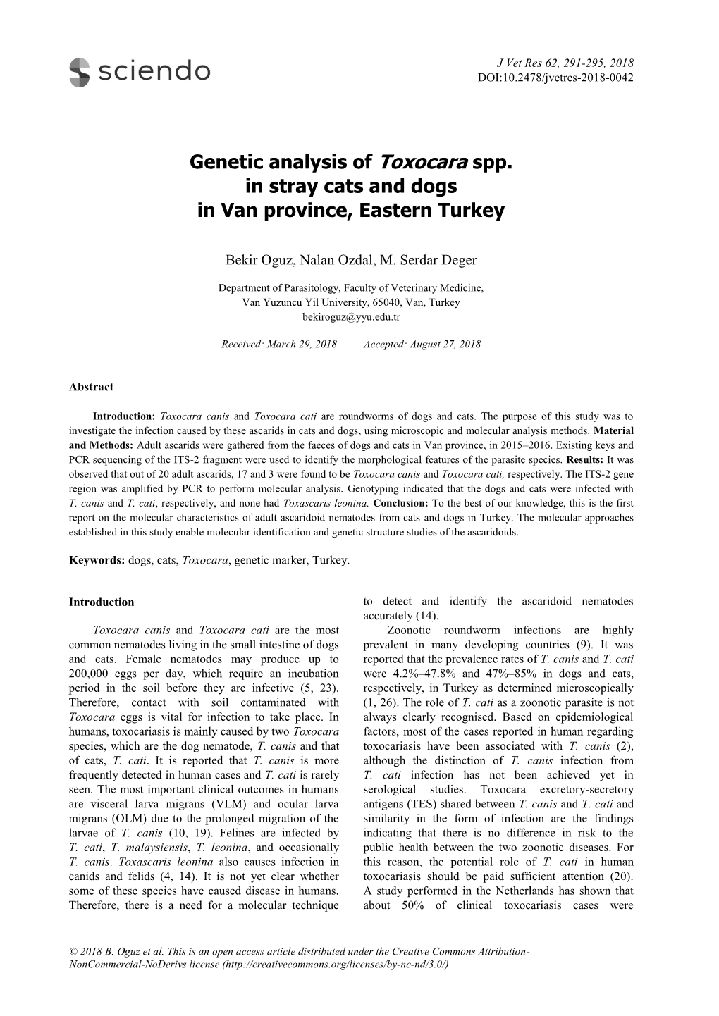 Genetic Analysis of Toxocara Spp. in Stray Cats and Dogs in Van Province, Eastern Turkey