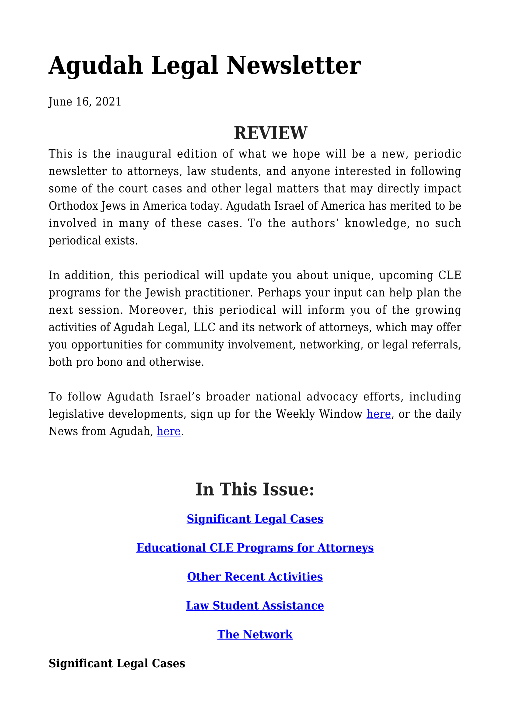 Agudah Legal Newsletter