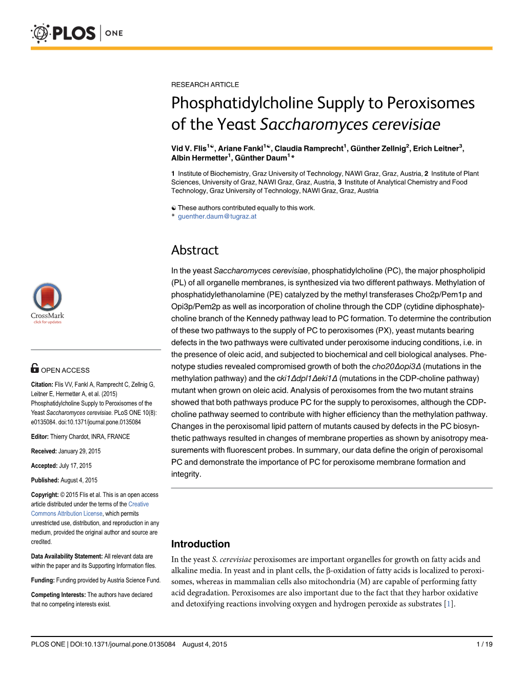 Phosphatidylcholine Supply to Peroxisomes of the Yeast Saccharomyces Cerevisiae