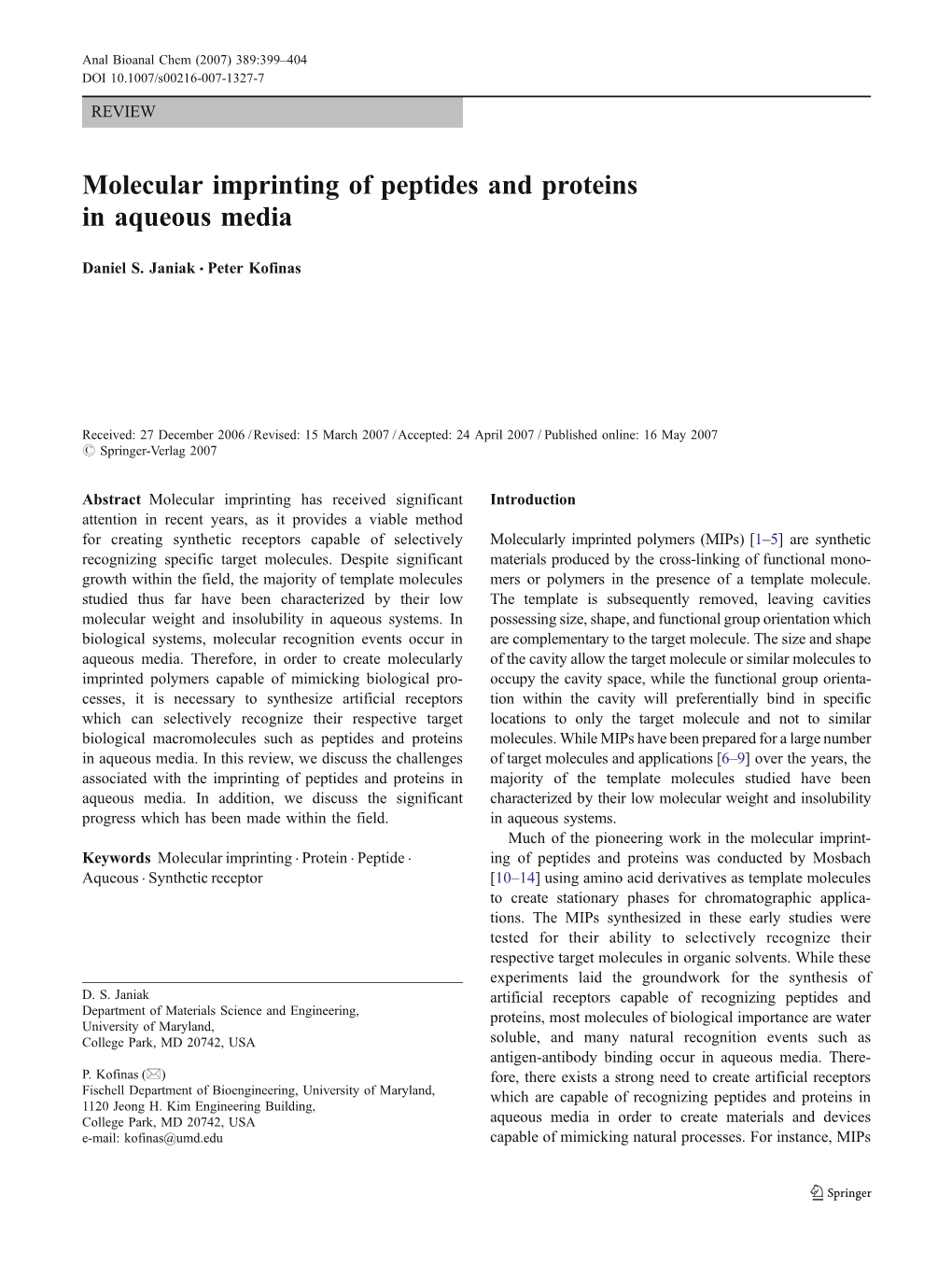 Molecular Imprinting of Peptides and Proteins in Aqueous Media