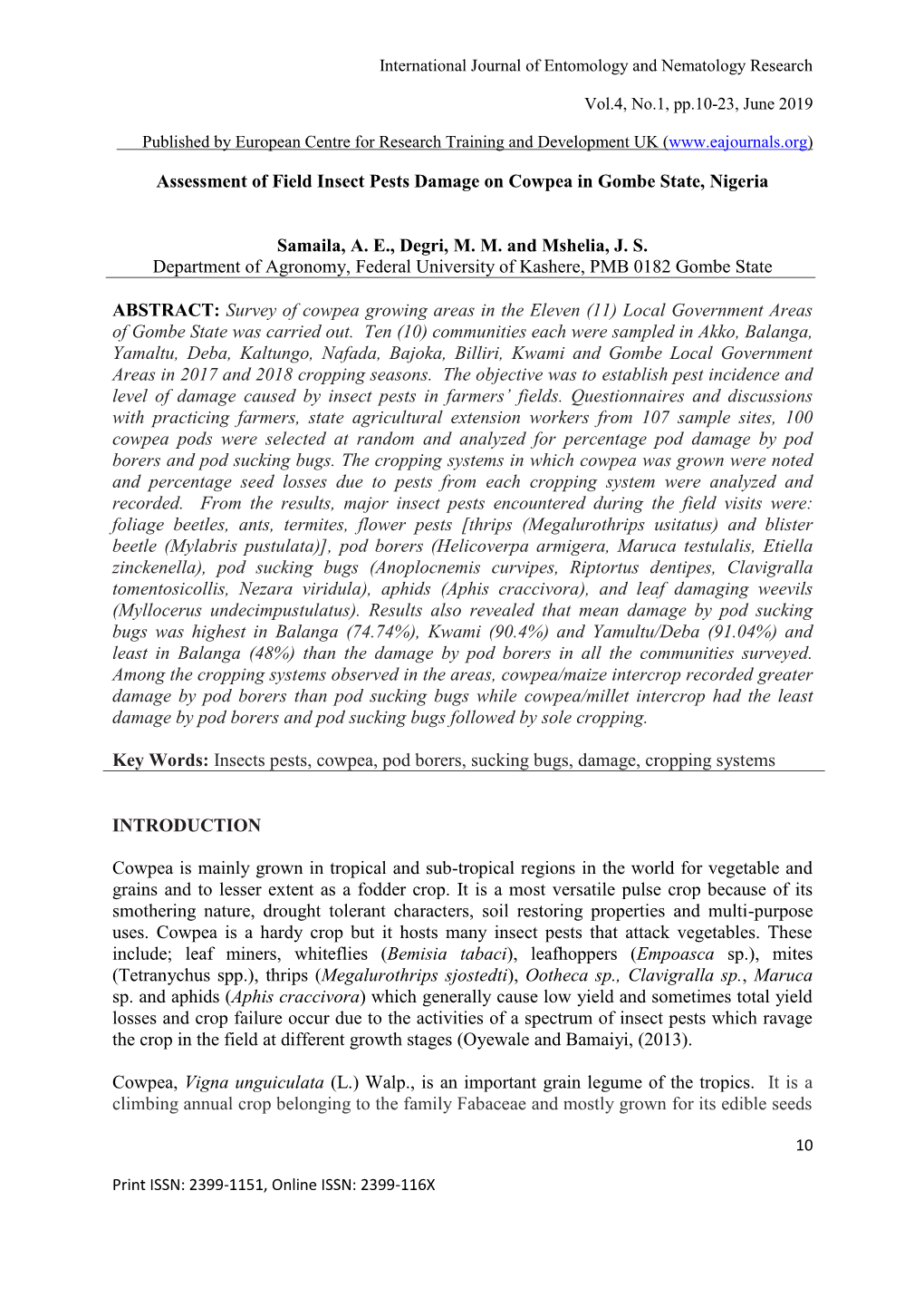 Assessment of Field Insect Pests Damage on Cowpea in Gombe State, Nigeria