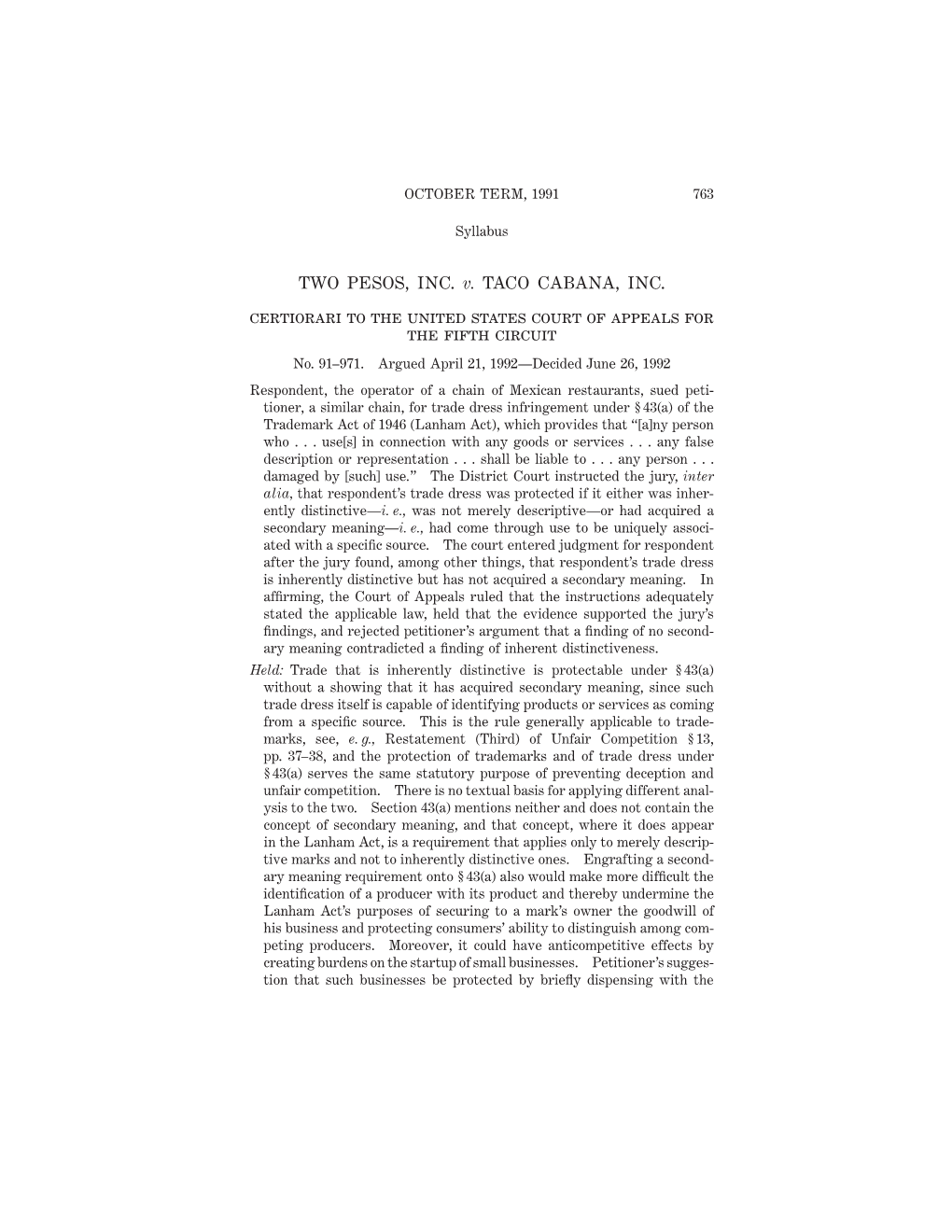 TWO PESOS, INC. V. TACO CABANA, INC. Certiorari to the United States Court of Appeals for the Fifth Circuit