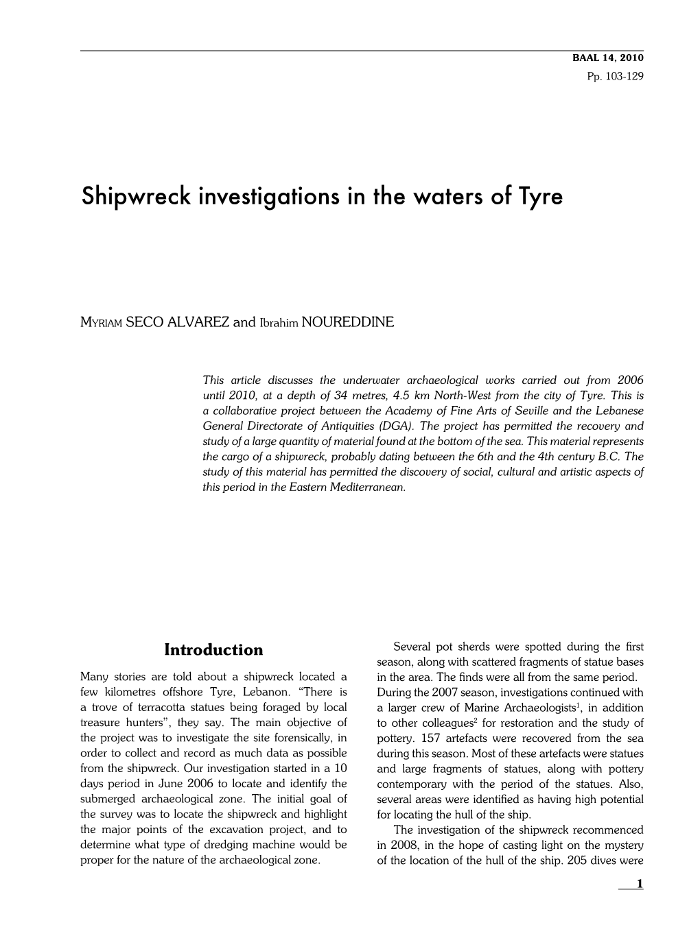 Shipwreck Investigations in the Waters of Tyre