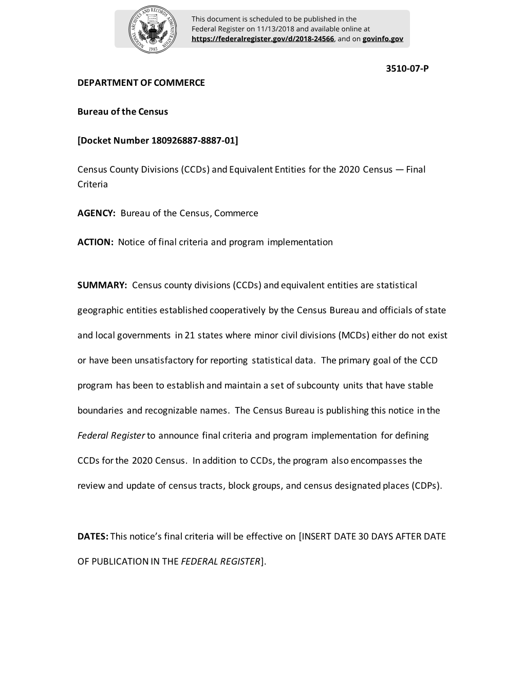 Census County Divisions (Ccds) and Equivalent Entities for the 2020 Census — Final Criteria