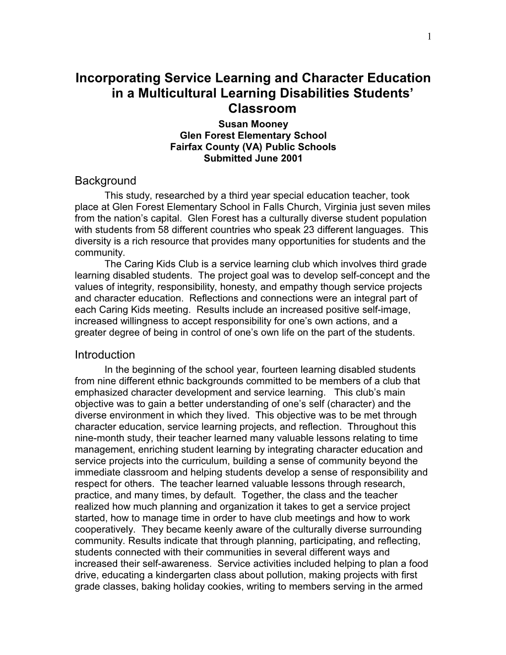 Incorporating Service Learning And Character Education In A Multicultural Learning Disabilities Students’ Classroom