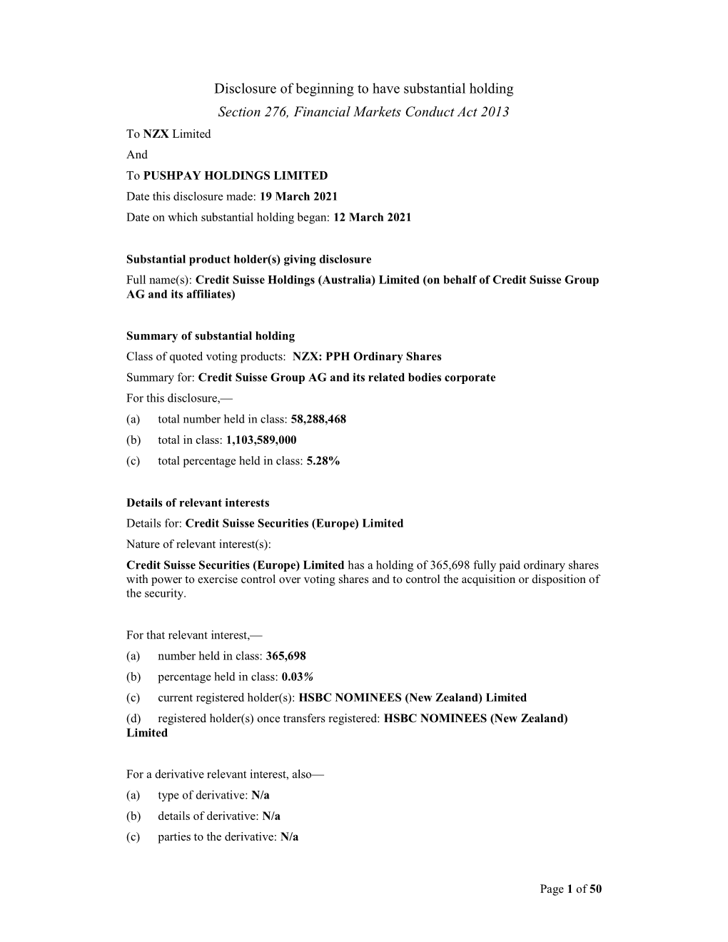 Disclosure of Beginning to Have Substantial Holding Section 276