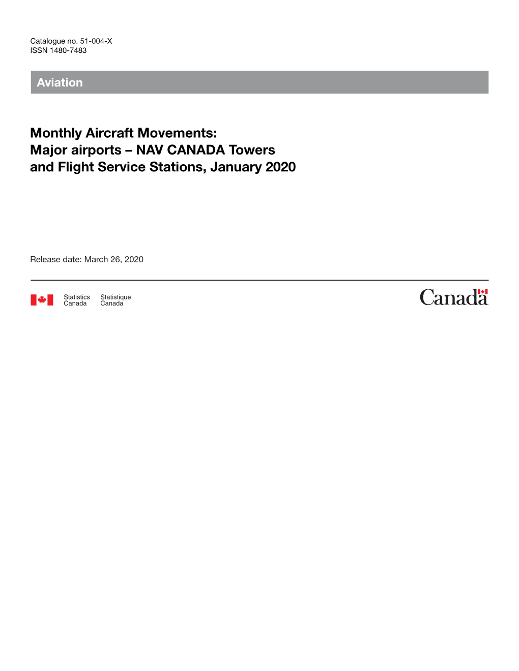 Monthly Aircraft Movements: Major Airports – NAV CANADA Towers and Flight Service Stations, January 2020