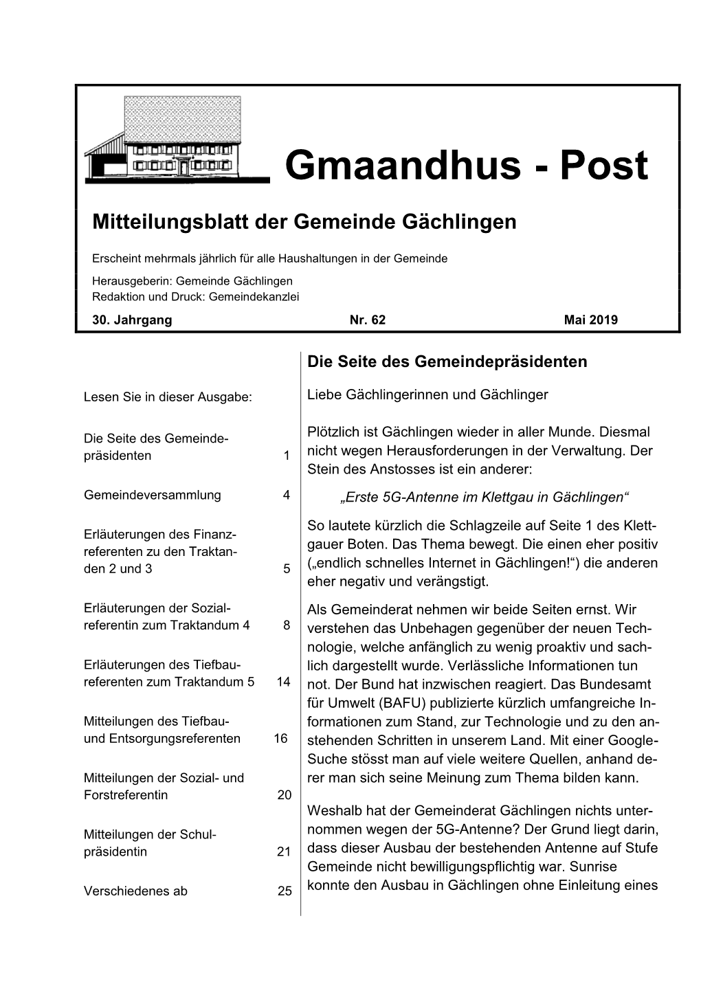 Mitteilungsblatt Der Gemeinde Gächlingen