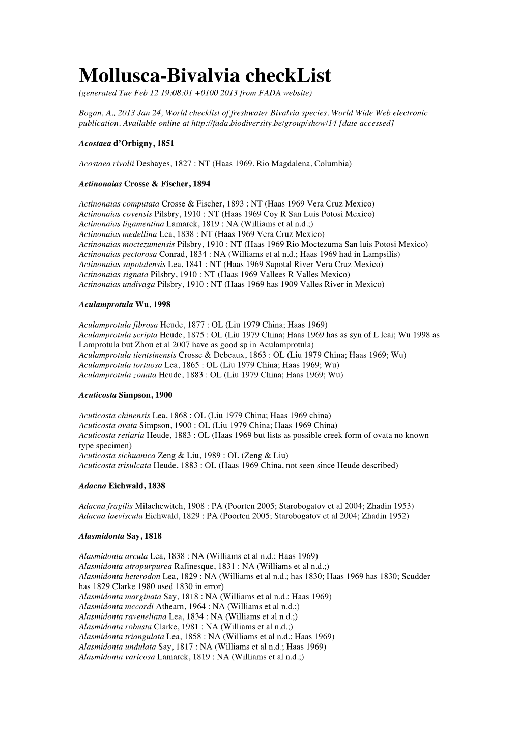 Mollusca-Bivalvia Checklist (Generated Tue Feb 12 19:08:01 +0100 2013 from FADA Website)