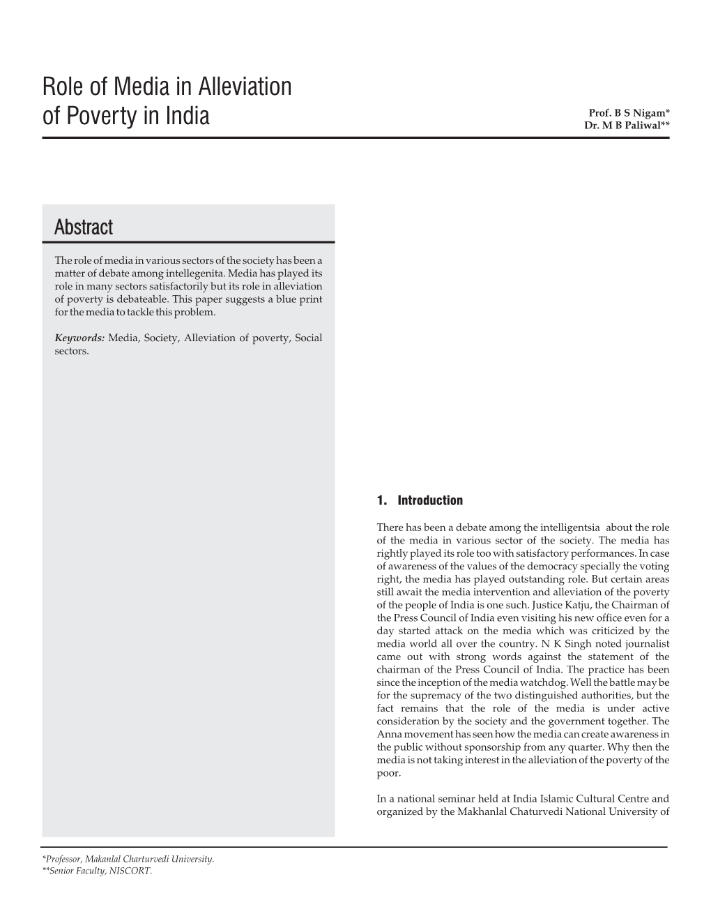 Role of Media in Alleviation of Poverty in India Prof