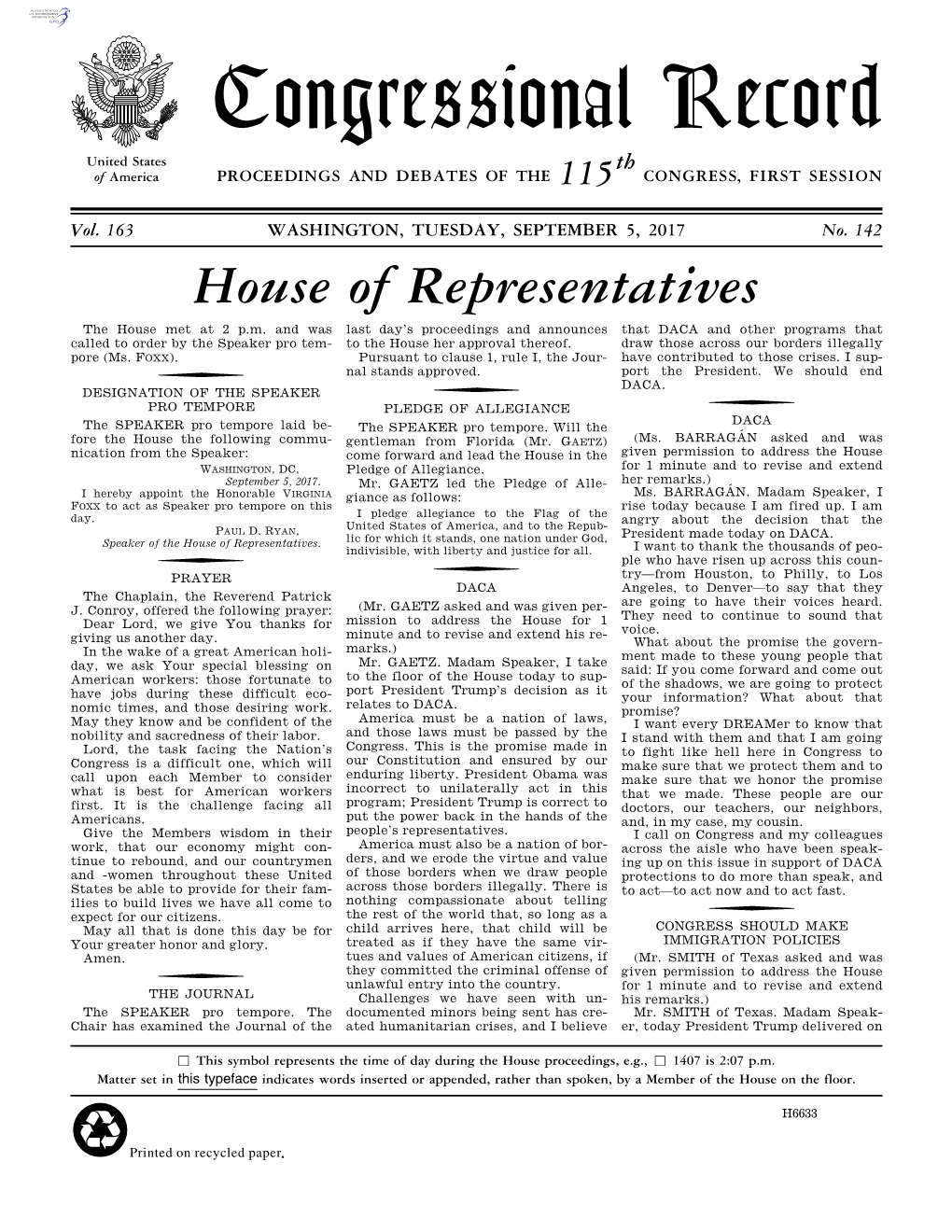 Congressional Record United States Th of America PROCEEDINGS and DEBATES of the 115 CONGRESS, FIRST SESSION