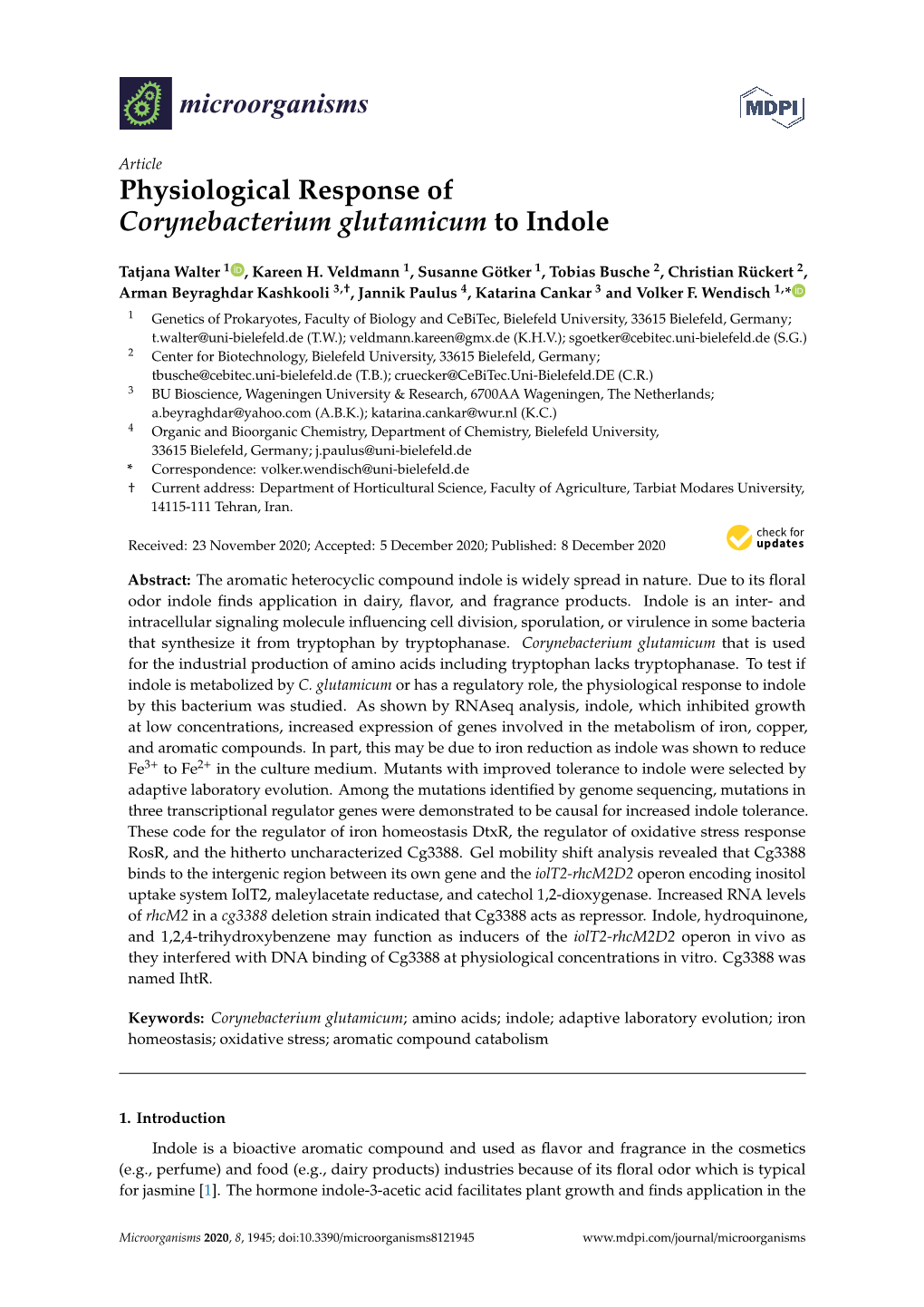 Physiological Response of Corynebacterium Glutamicum to Indole