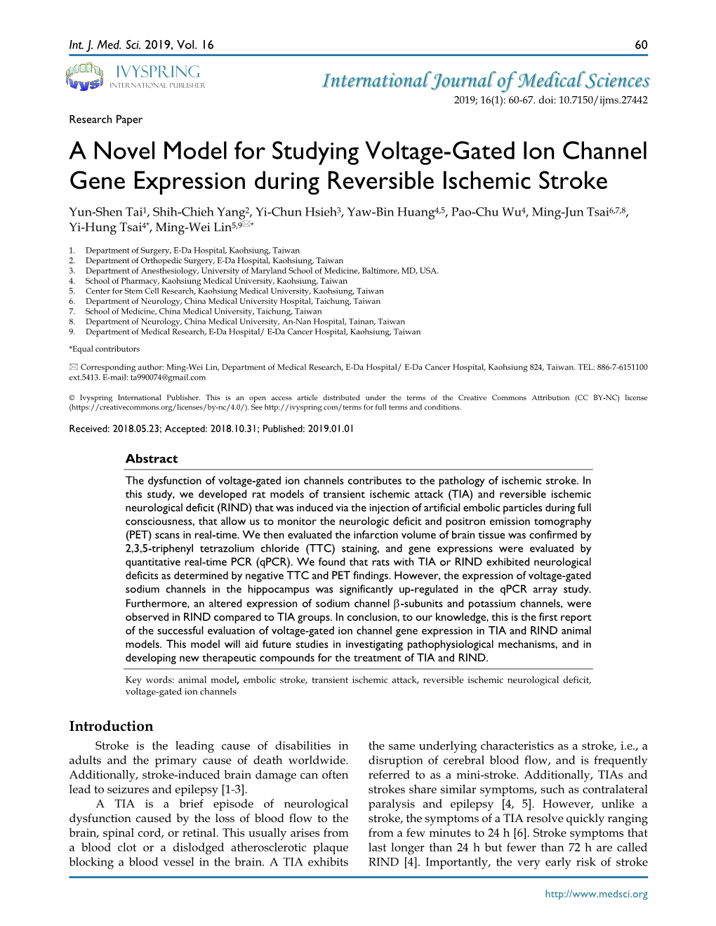 A Novel Model for Studying Voltage-Gated Ion Channel Gene Expression During Reversible Ischemic Stroke