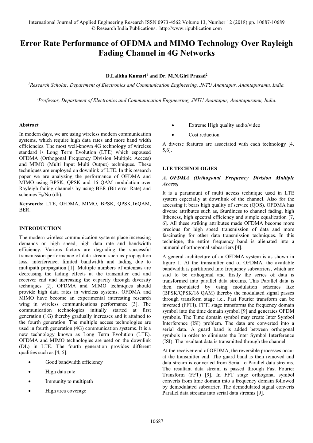 Error Rate Performance of OFDMA and MIMO Technology Over Rayleigh Fading Channel in 4G Networks