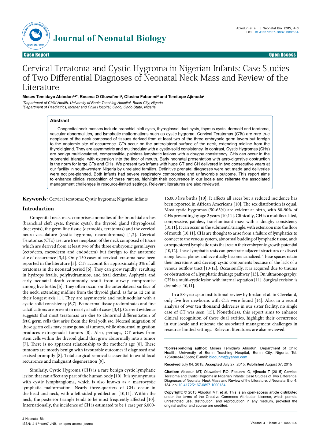 Cervical Teratoma and Cystic Hygroma in Nigerian Infants