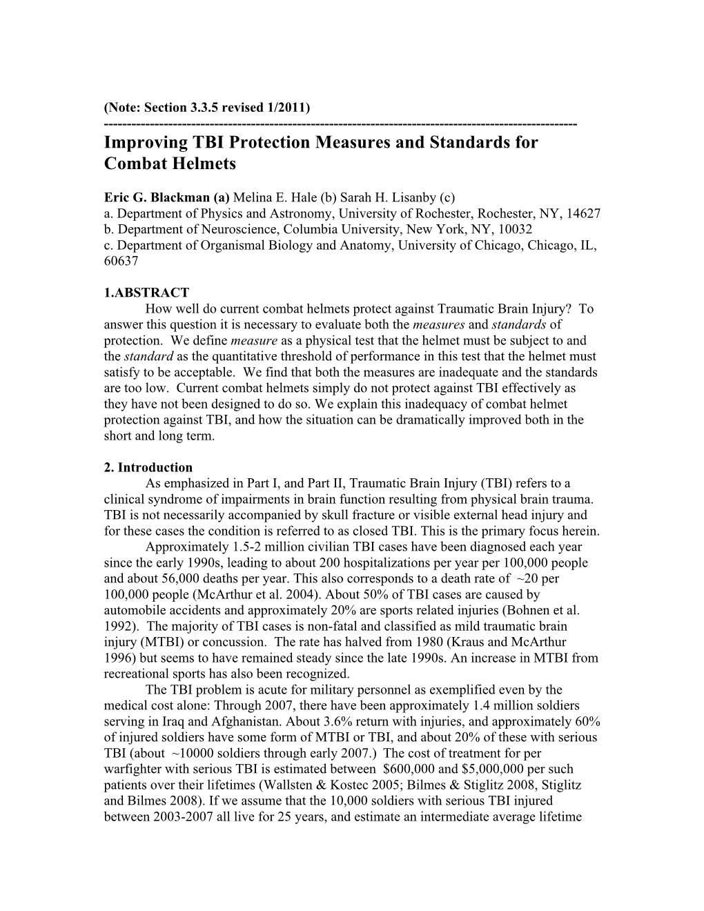 Improving TBI Protection Measures and Standards for Combat Helmets