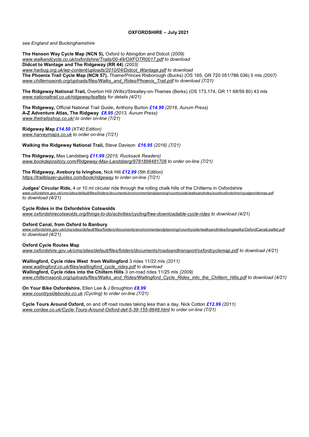 OXFORDSHIRE – July 2021 See England and Buckinghamshire