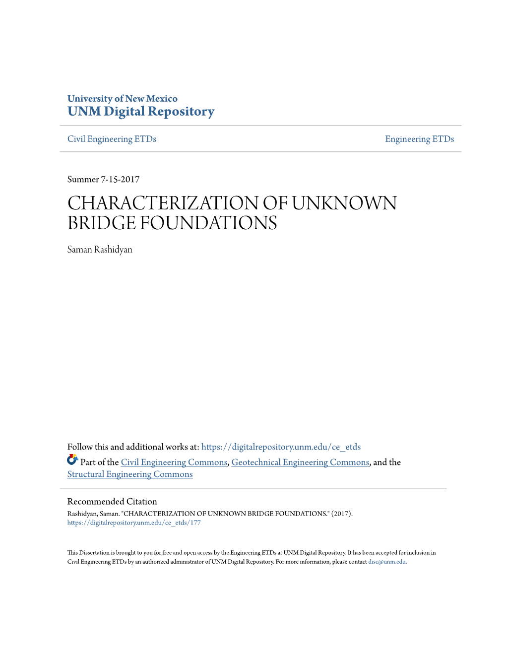 CHARACTERIZATION of UNKNOWN BRIDGE FOUNDATIONS Saman Rashidyan