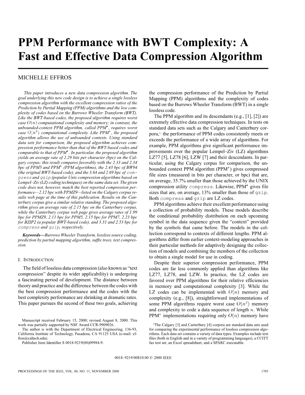 PPM Performance with BWT Complexity: a Fast and Effective Data Compression Algorithm