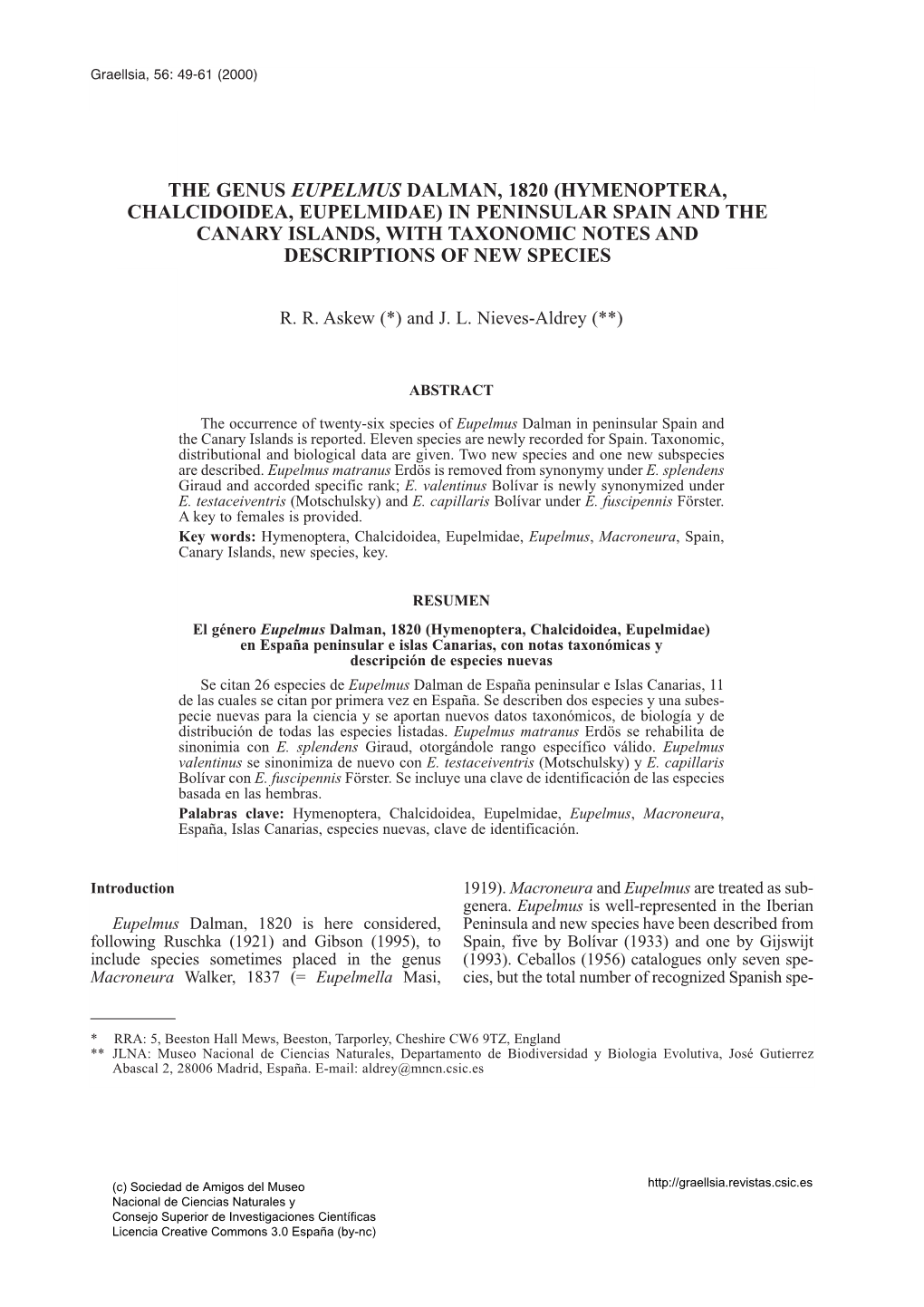 The Genus Eupelmus Dalman, 1820 (Hymenoptera, Chalcidoidea, Eupelmidae) in Peninsular Spain and the Canary Islands, with Taxonom