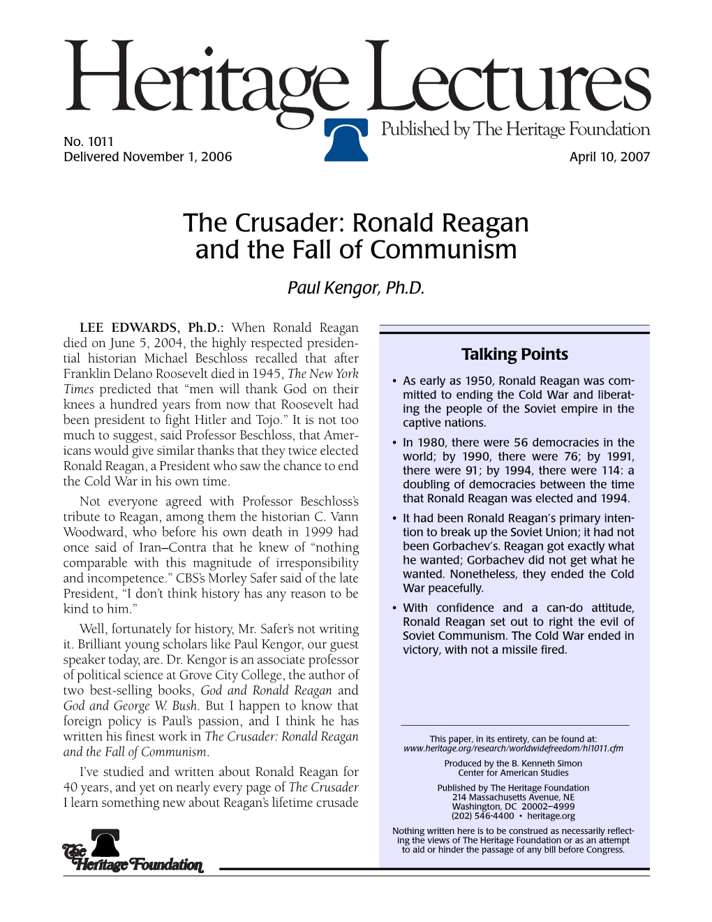 The Crusader: Ronald Reagan and the Fall of Communism Paul Kengor, Ph.D
