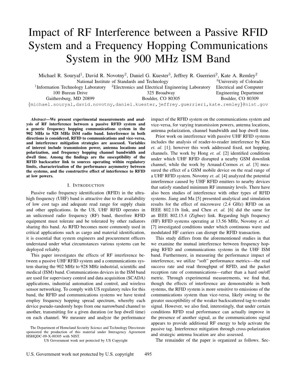 Impact of RF Interference Between a Passive RFID System and a Frequency Hopping Communications System in the 900 Mhz ISM Band