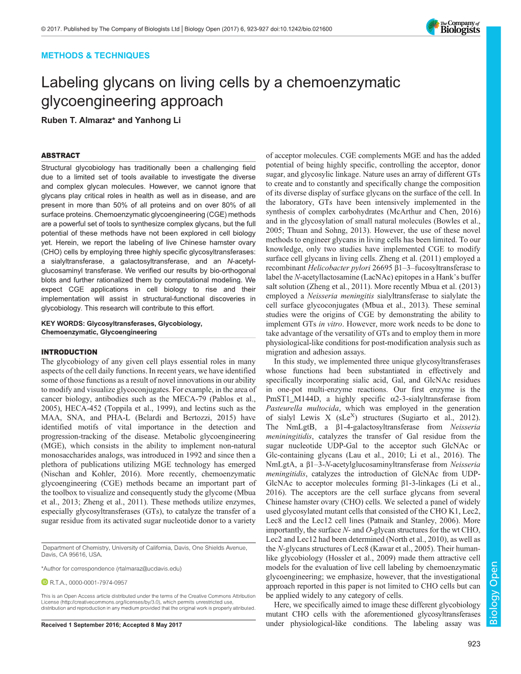 Labeling Glycans on Living Cells by a Chemoenzymatic Glycoengineering Approach Ruben T