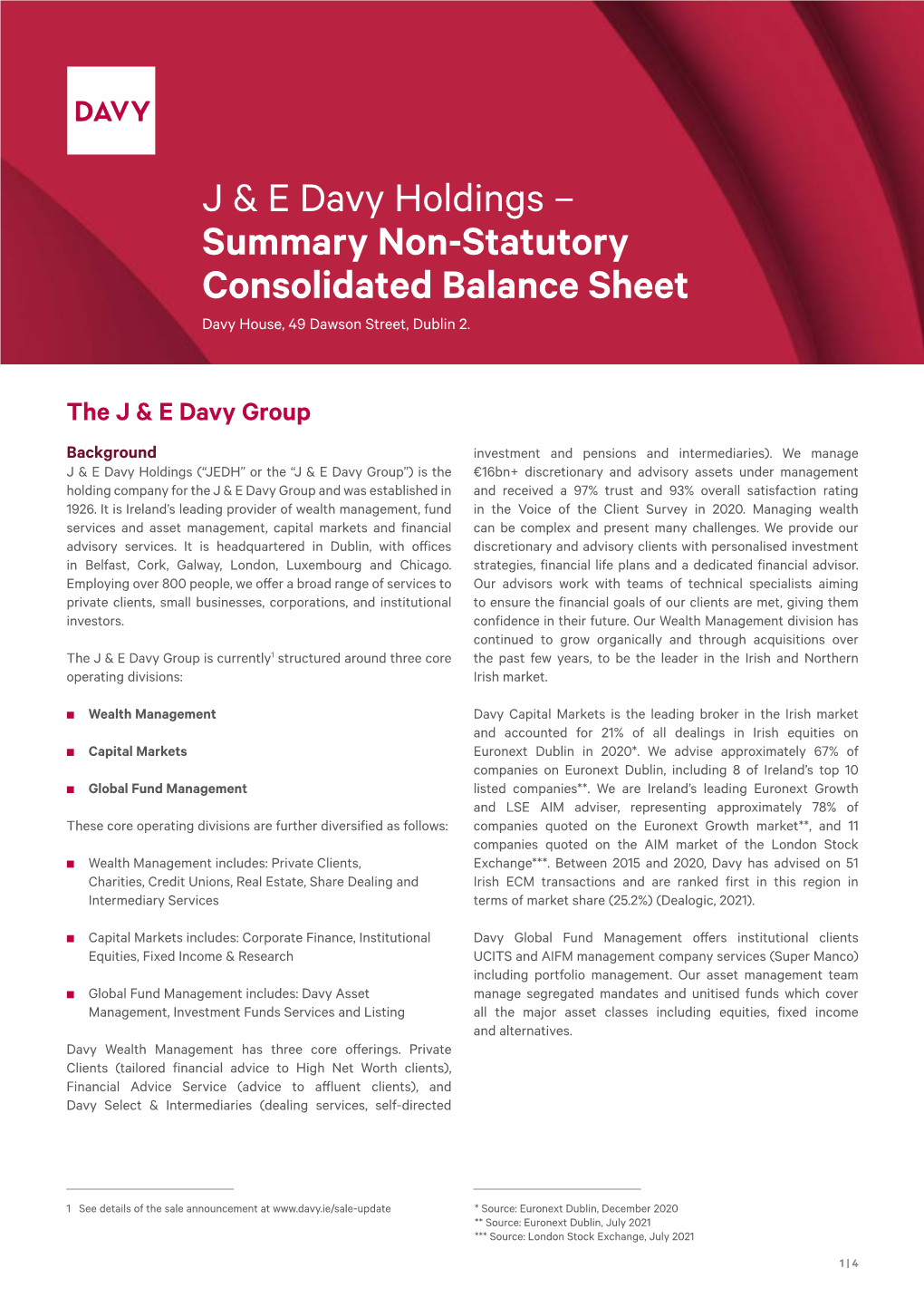 J & E Davy Holdings – Summary Non-Statutory Consolidated