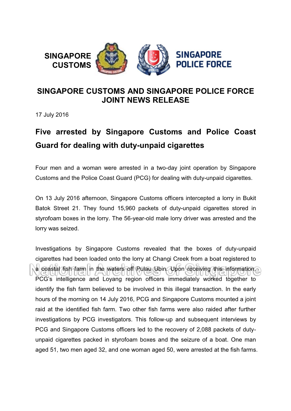 Five Arrested by Singapore Customs and Police Coast Guard for Dealing with Duty-Unpaid Cigarettes
