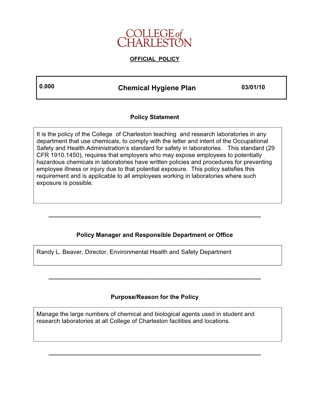 Chemical Hygiene Plan 03/01/10