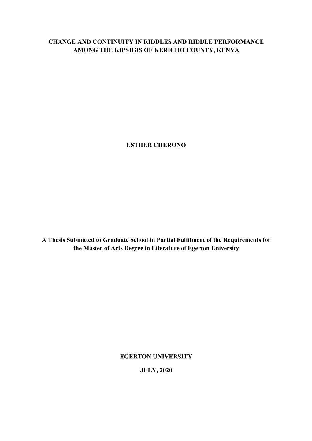 Change and Continuity in Riddles and Riddle Performance Among the Kipsigis of Kericho County, Kenya